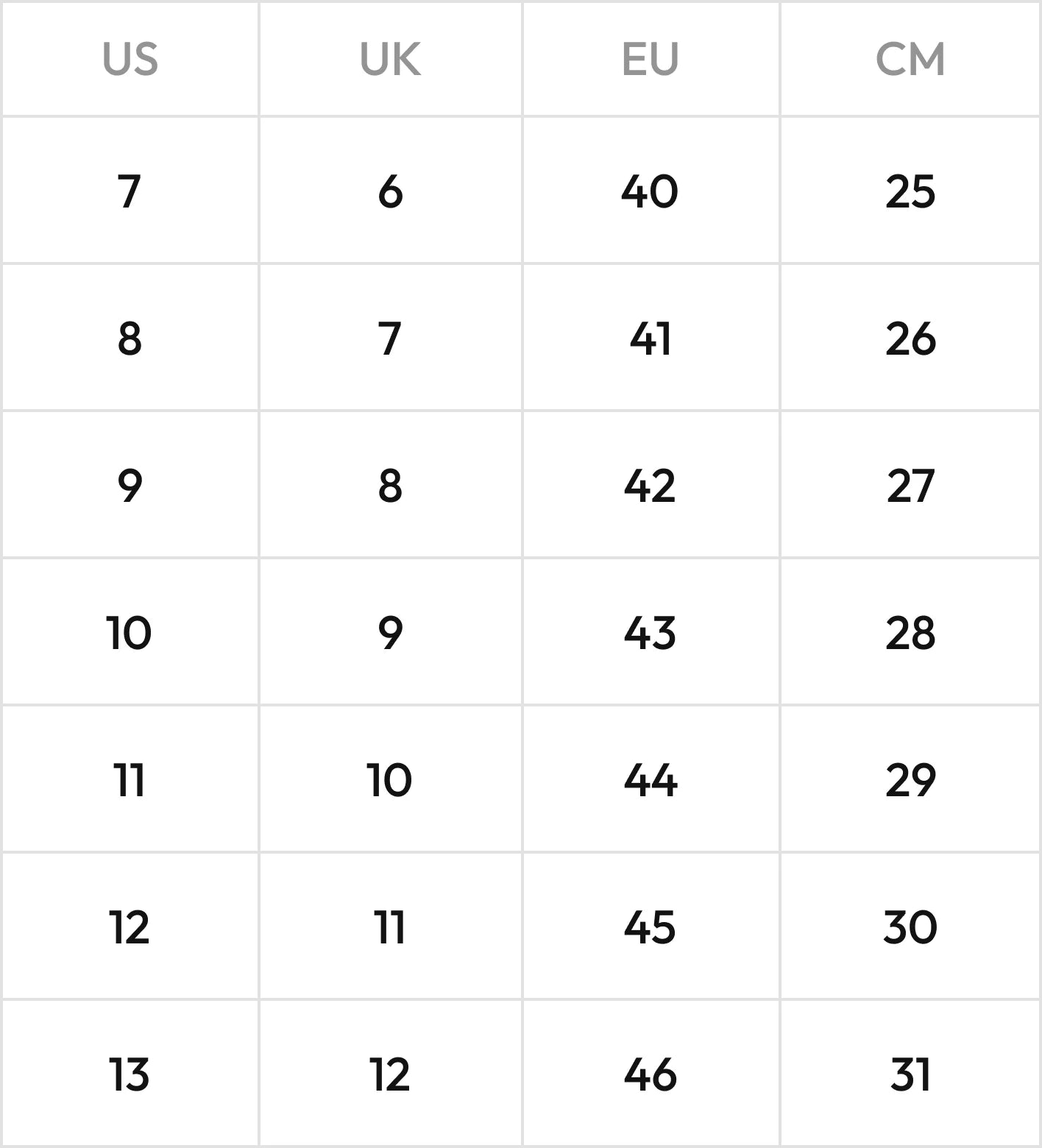 Size Chart - Frido Barefoot Sock Shoe