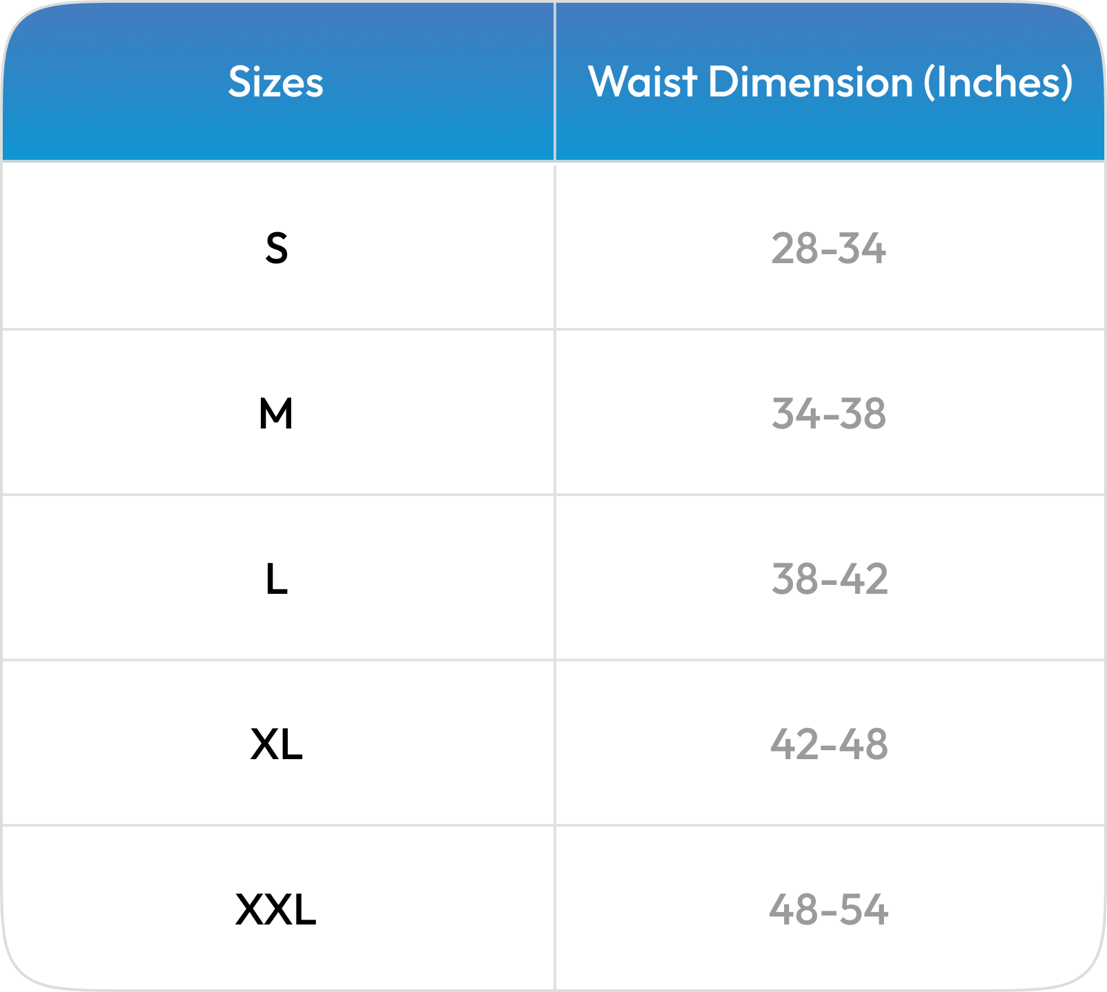 Size Chart - Frido Lumbo Sacral Belt
